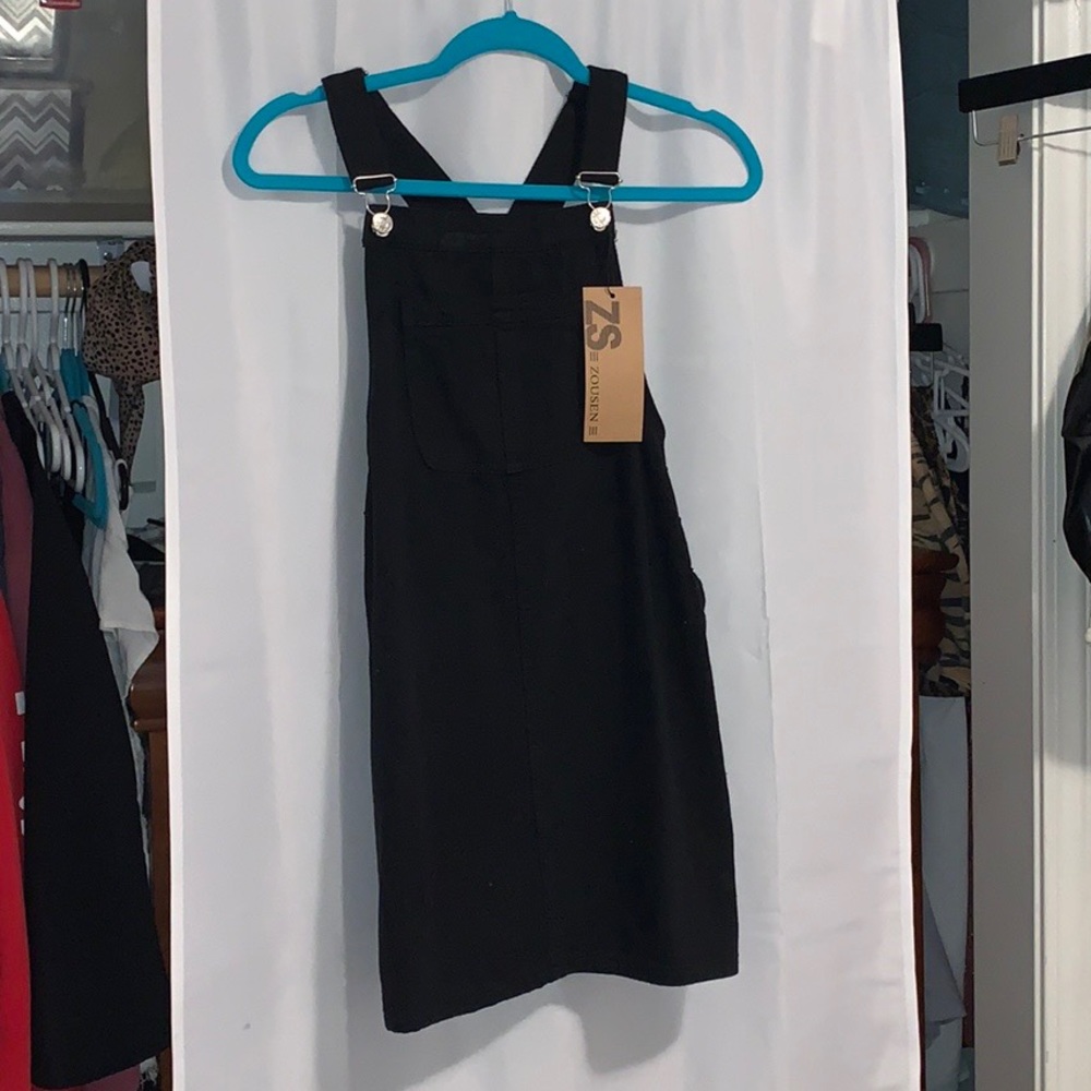 black overall dress